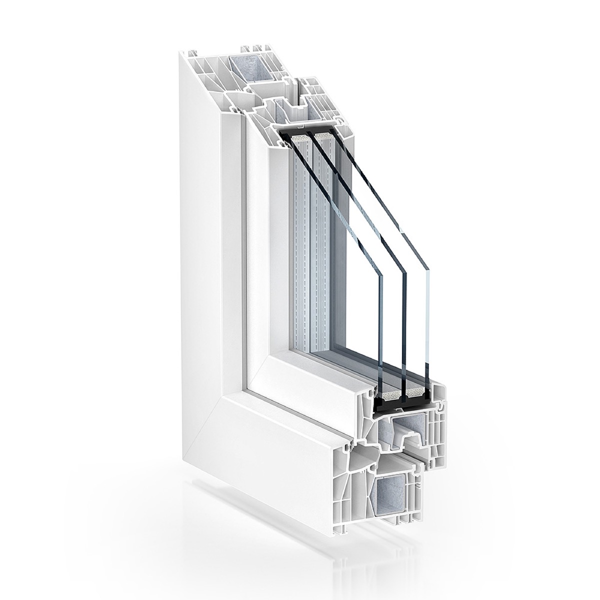 Technical cross-section of a premium PVC profile with triple glazing